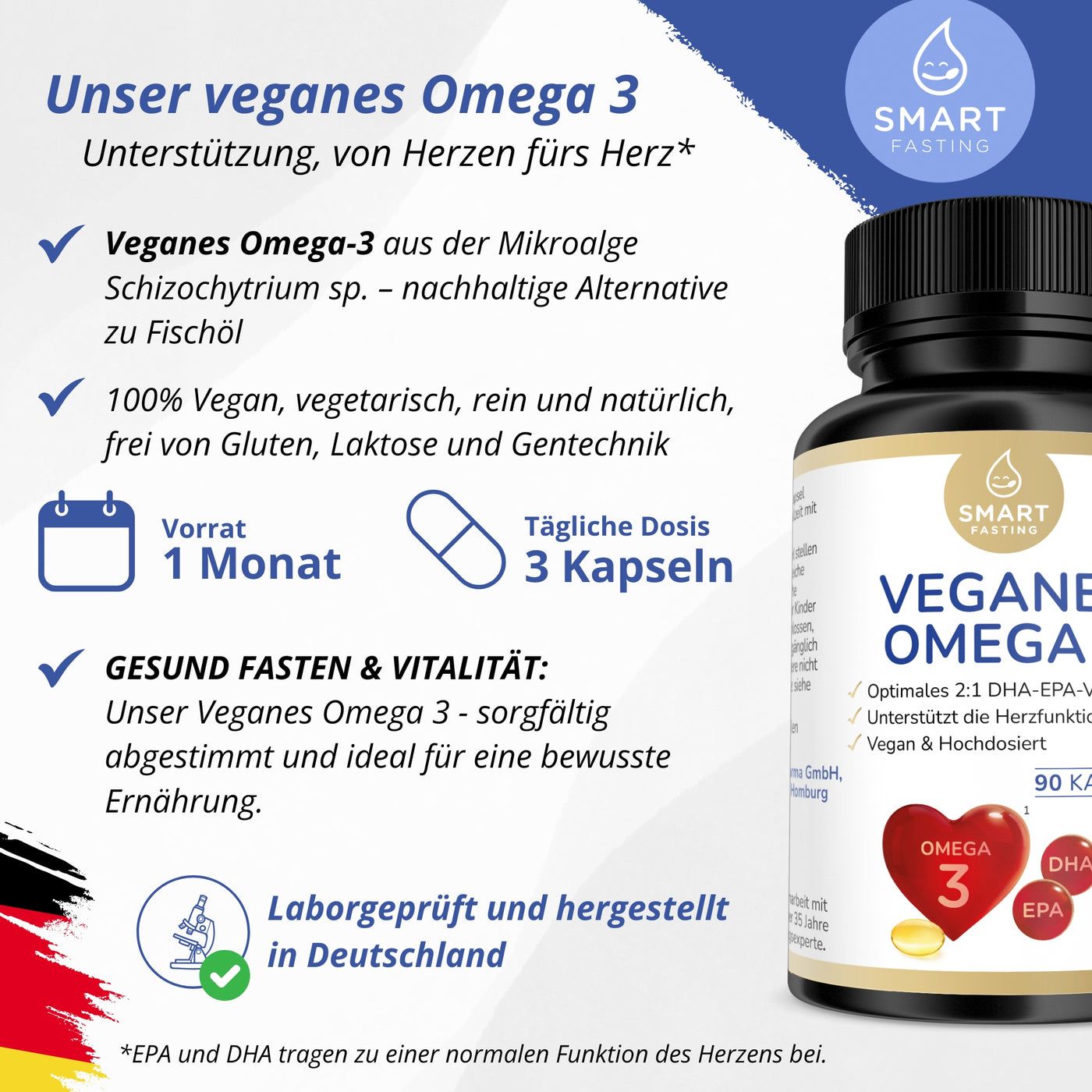 Braune Flasche mit veganem Omega 3. Text: Veganes Omega-3 aus Mikroalgen, 100% vegan, 1 Monat Vorrat, 3 Kapseln täglich.