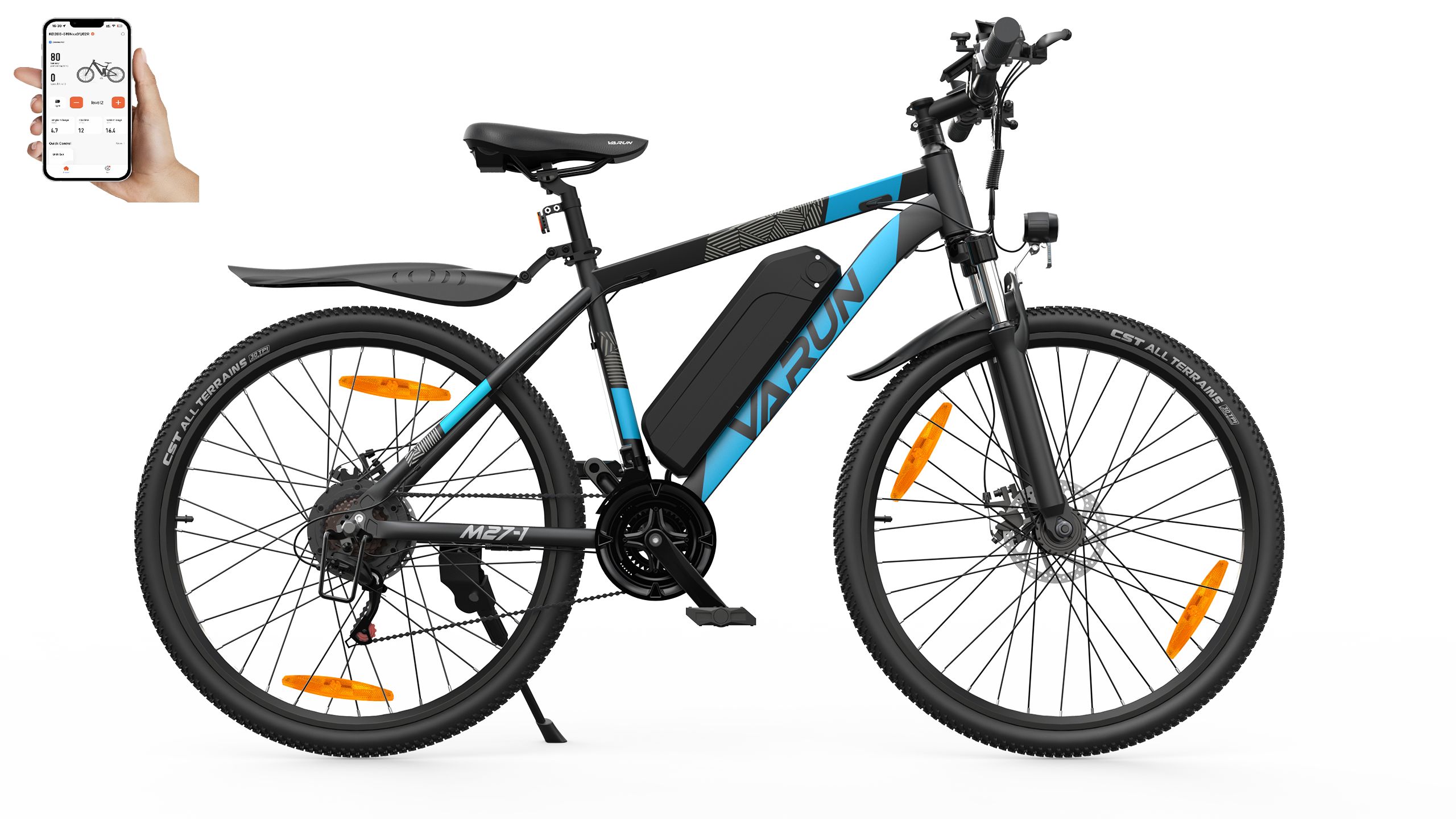 Schwarzes E-Bike mit blauen Akzenten. VARUN-Logo auf dem Rahmen. Smartphone-App-Steuerung.