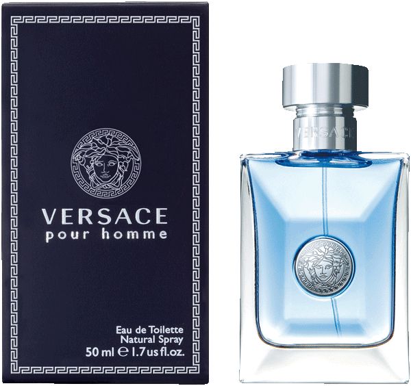 Dunkelblaue Schachtel und Flakon. Auf der Schachtel: Versace Pour Homme, Medusa-Logo. Flakon: hellblaue Flüssigkeit, silberner Verschluss.