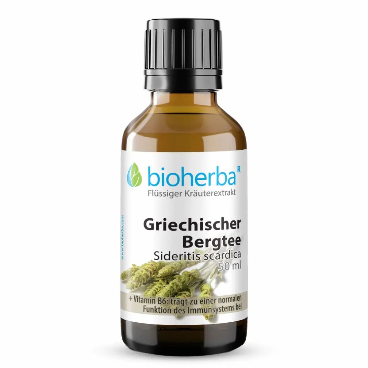 Braune Glasflasche mit schwarzem Deckel. Etikett mit Produktnamen, Logo und Kräuterabbildung.