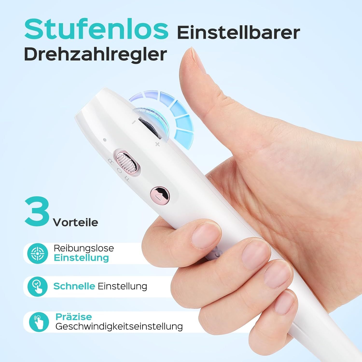 Nahaufnahme der stufenlosen Drehzahlregelung eines elektrischen Nagelfräsers.