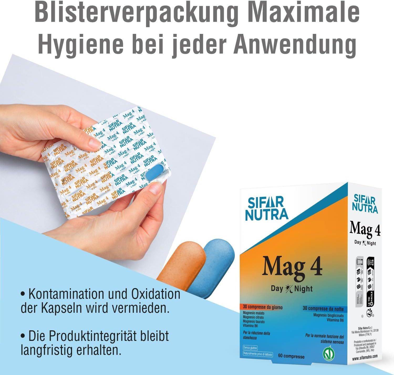 Hände halten Blisterpackung mit Tabletten. Daneben: Orange und blaue Tabletten und Karton von Sifar Nutra Mag 4 Day Night.