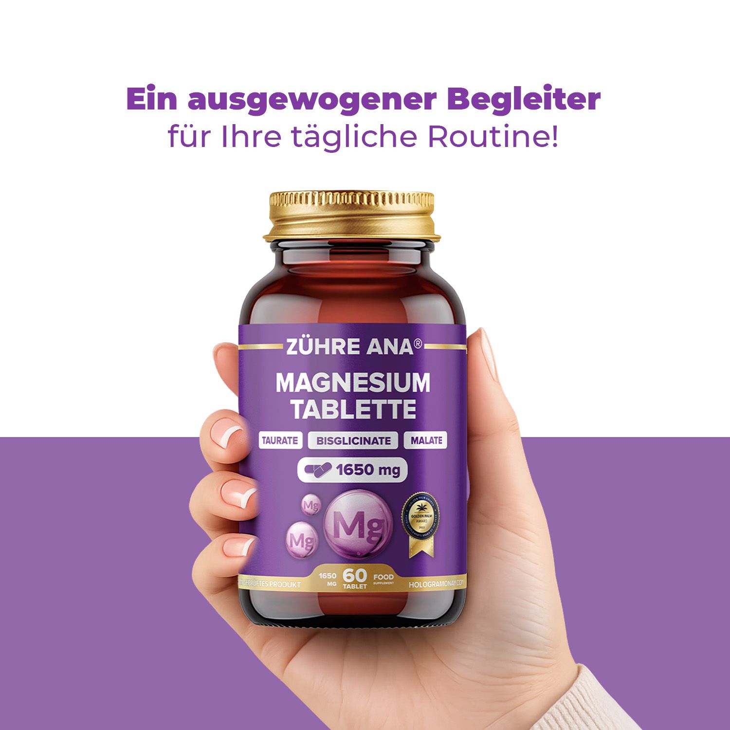 Hand hält Zühre Ana Magnesium Tabletten 1650 mg: Begleiter für die tägliche Routine.