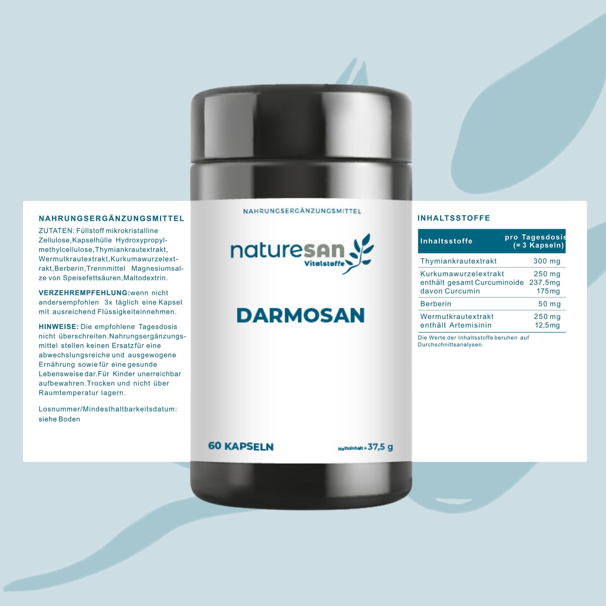 Darmosan-Kapseln in schwarzer Dose. Weiße Beschriftung. Zutatenliste. 60 Kapseln. Marke Naturesan.