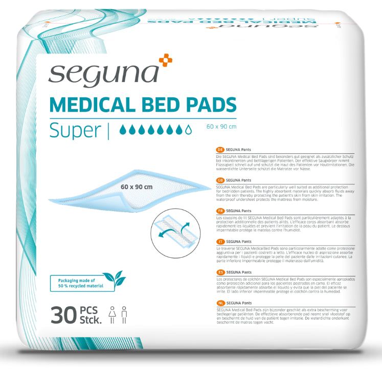 Verpackung SEGUNA Medical Bed Pads Super, 30 Stück. Größe 60x90 cm. Verpackung aus recyceltem Material.