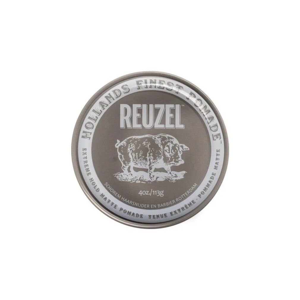 Runde Dose mit Reuzel Extreme Hold Matte Pomade. Silberfarbenes Etikett mit Schweine-Illustration und Schriftzug.
