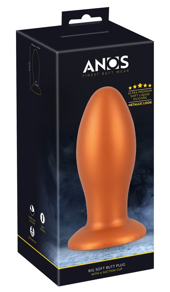 Verpackung eines orangefarbenen Anus-Plugs mit Saugnapf. Marke: ANOS. Text: Big Soft Butt Plug.