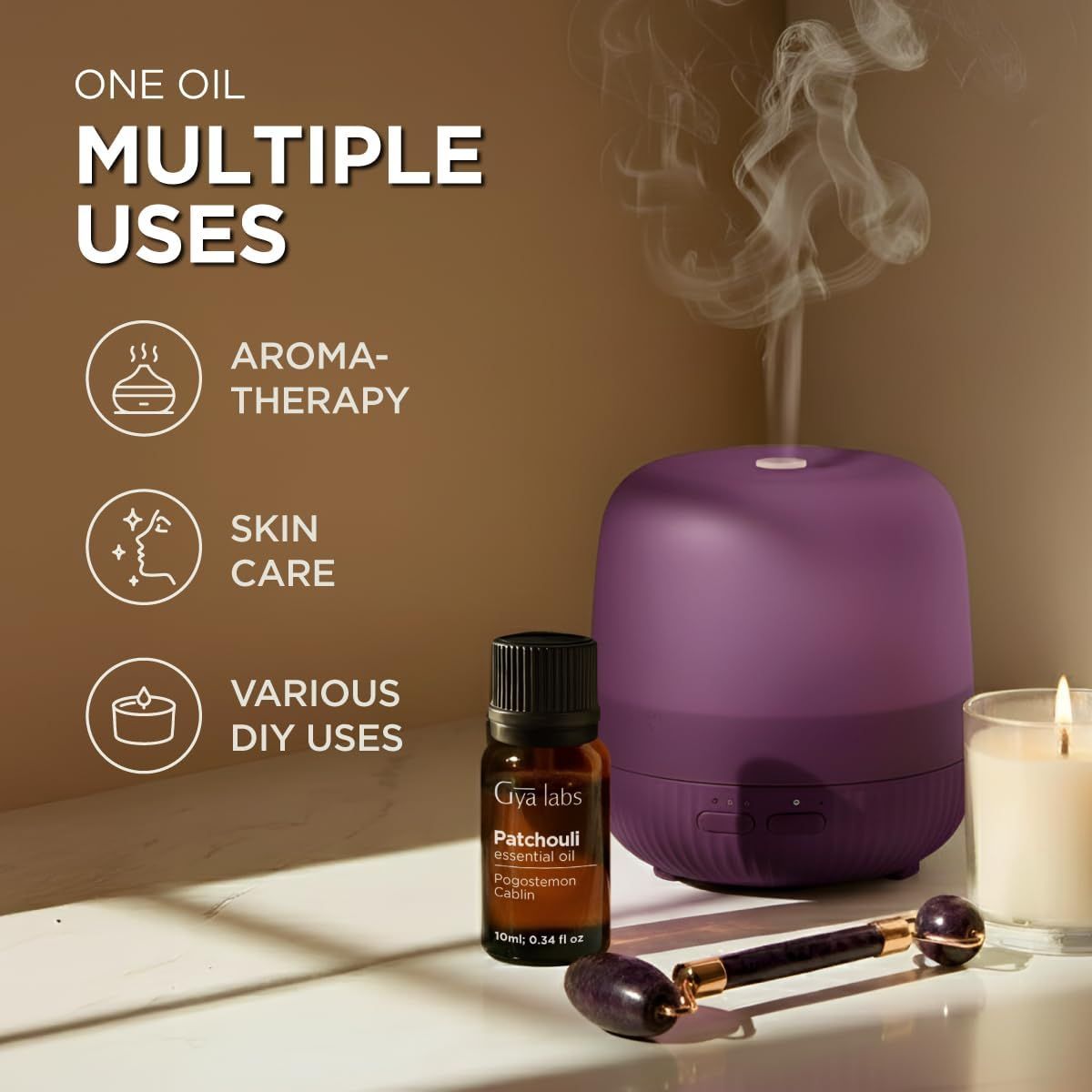 Ein lila Diffusor, eine Flasche Öl und ein Gesichtsroller. Text: Eine Öl, Mehrfachverwendung. Aromatherapie, Hautpflege, verschiedene DIY-Anwendungen. Gya Labs.