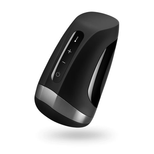 Schwarzes Gerät mit Bedienfeld und silberfarbenem Akzent. Auf dem Bedienfeld befinden sich Tasten und ein Ein-/Ausschalter.