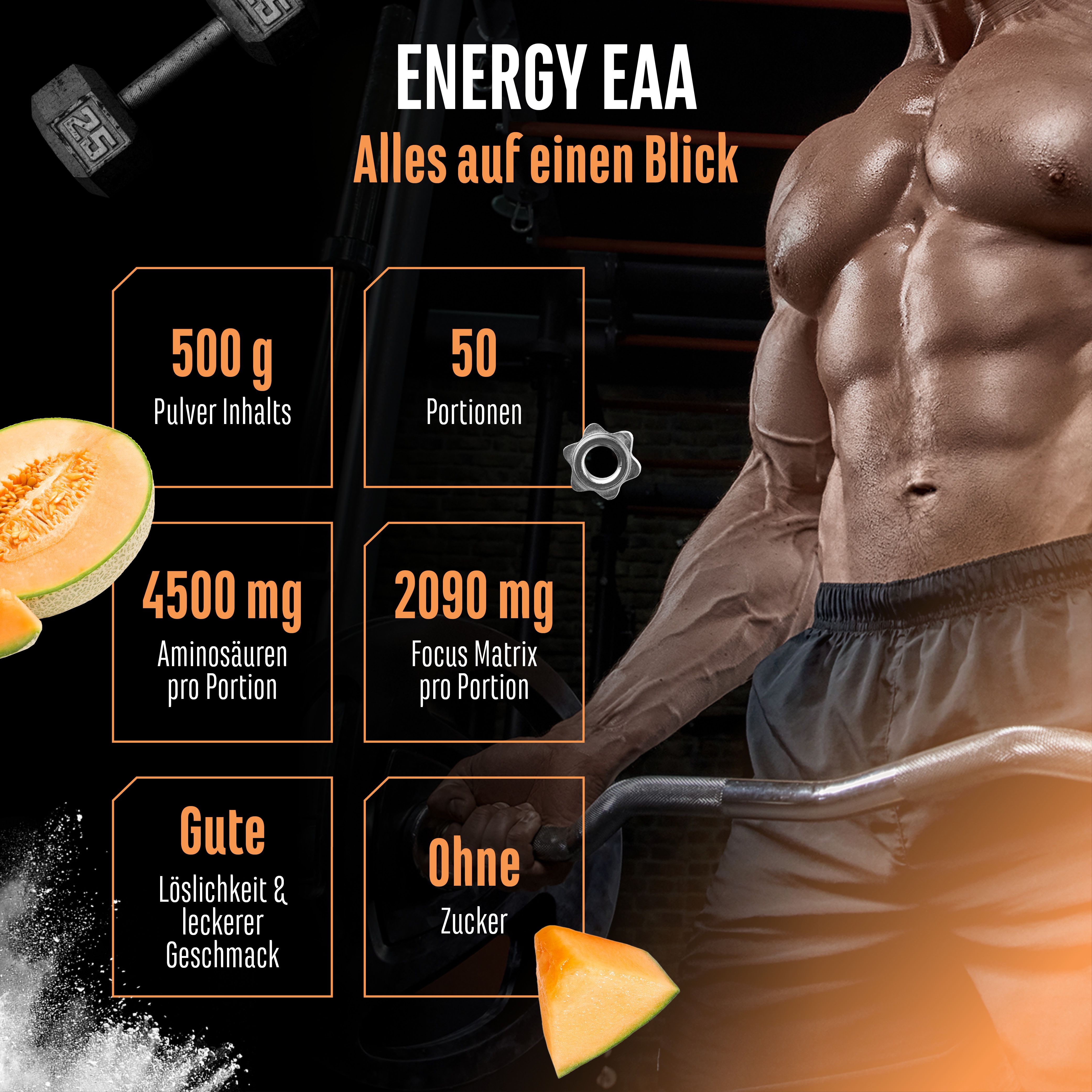 Werbebild für Energy EAA. Enthält Informationen zu Inhaltsstoffen, wie 500g Pulver, 50 Portionen, 4500mg Aminosäuren, 2090mg Focus Matrix.