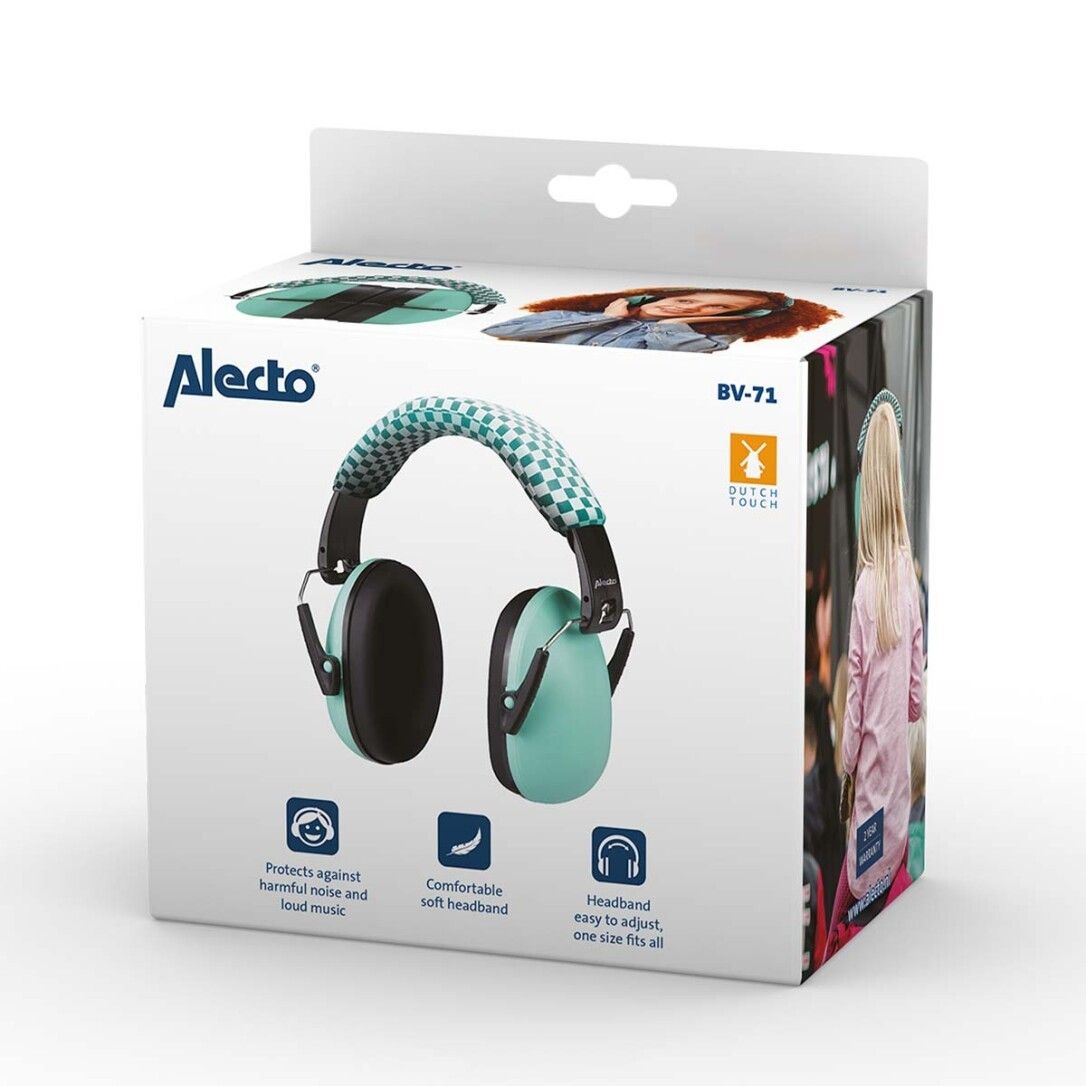Verpackung mit Gehörschutz. Türkise Ohrmuscheln, grün-weißes Karomuster. Alecto-Logo, Produktname, Icons.