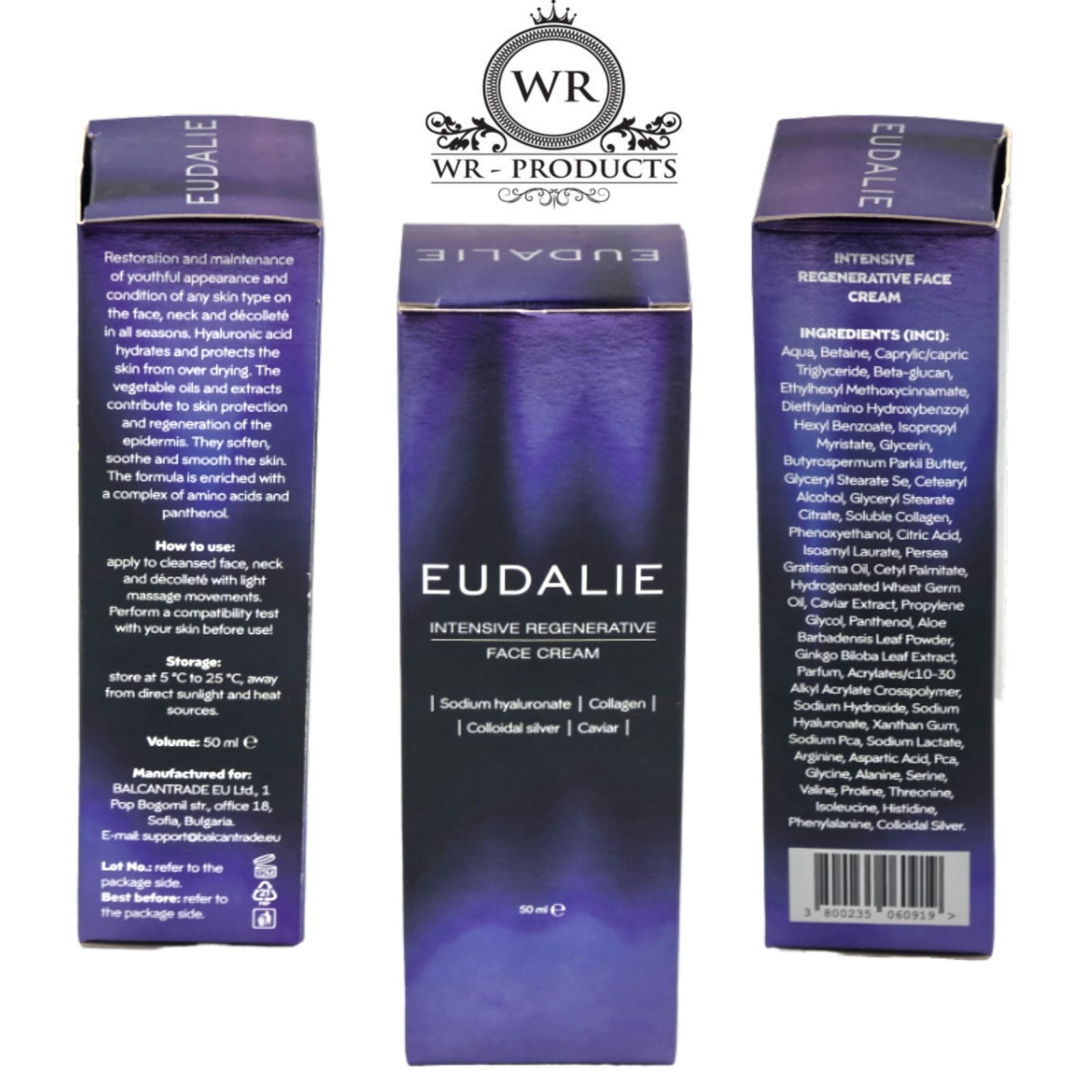 EUDALIE Schachtel mit Produktinformationen. Aufschrift: Intensive Regenerative Face Cream. Inhaltsstoffe: Hyaluronat, Kollagen, Silber, Kaviar. Lila Verpackung.