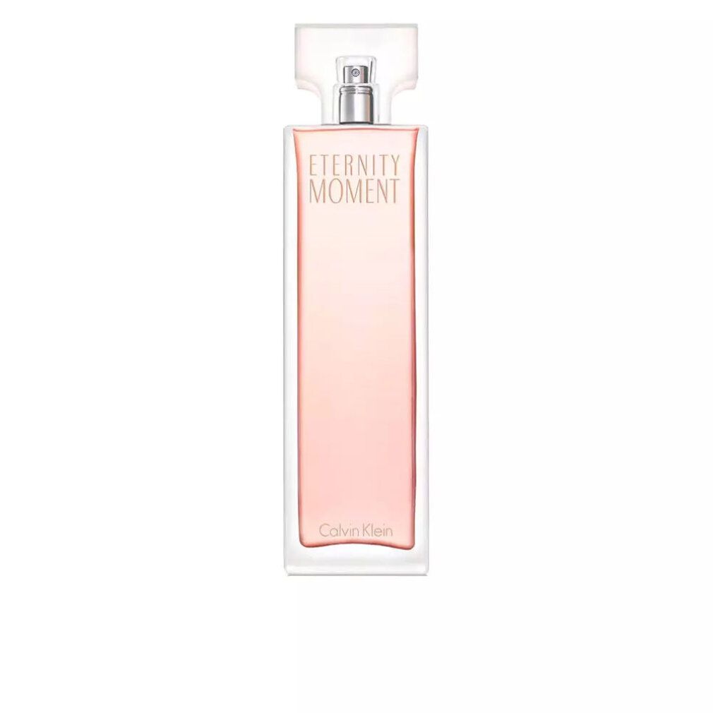 Eternity Moment Eau de Parfum Spray. Rosa Flakon mit silbernem Zerstäuber. Schriftzug Eternity Moment und Calvin Klein.