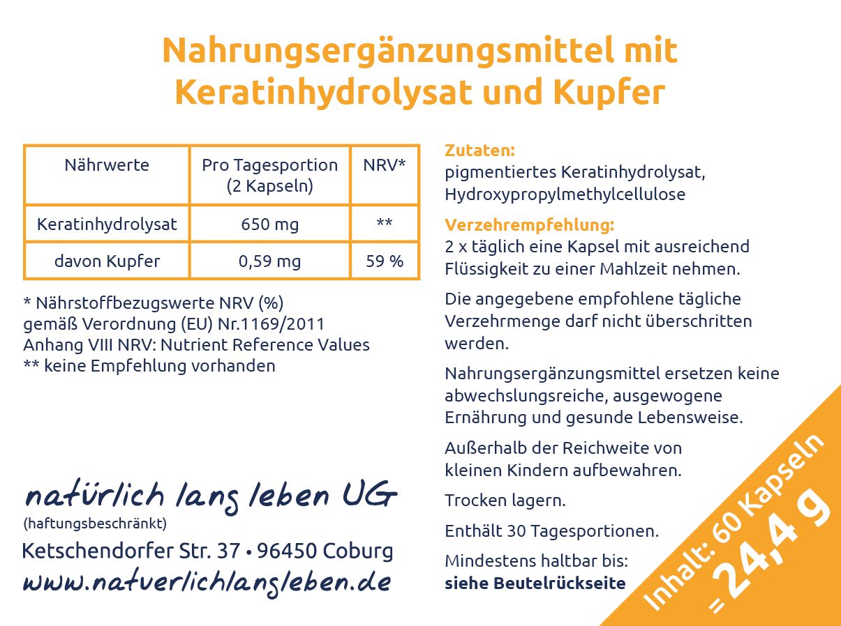 Rückseite der Verpackung: 'Nahrungsergänzungsmittel mit Keratinhydrolysat und Kupfer'. Enthält Nährwerte und Zutaten.