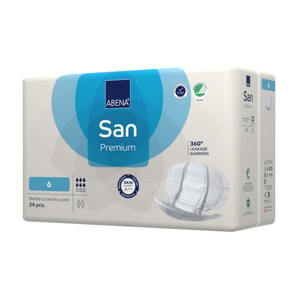 Verpackung von ABENA San Premium Vorlagen. Produktname, Logo und Qualitätszeichen sind deutlich sichtbar.