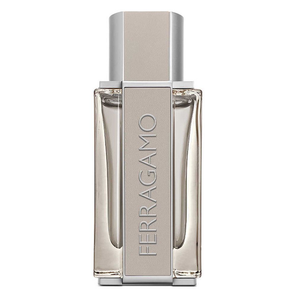 Herren-Eau de Toilette-Flakon. Rechteckige Form, beige-silberne Details. Schriftzug FERRAGAMO.