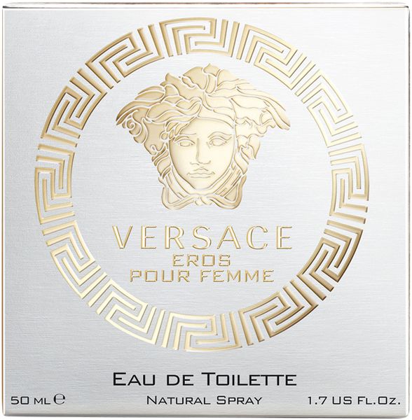 Versace Eros pour Femme Eau de Toilette. Karton mit Logo und Schriftzug. Goldfarbene Details.
