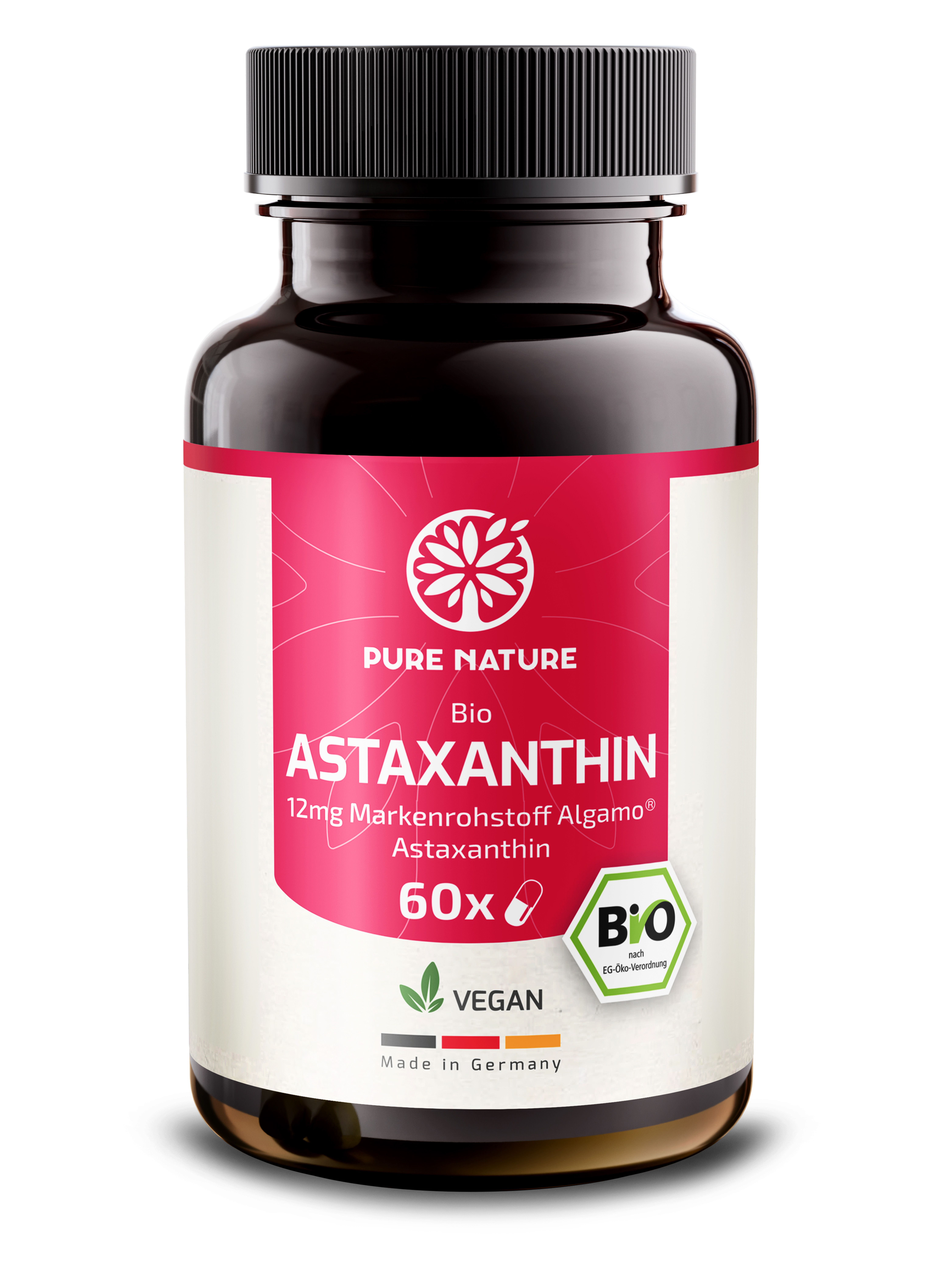 Braune Flasche mit rotem Etikett. Aufschrift: Astaxanthin, 60 Kapseln, Bio-Siegel, vegan. Hergestellt in Deutschland.