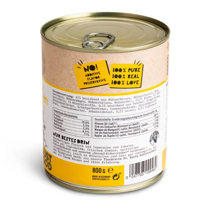 Hundefutterdose. Aufschrift: Dogs'n Tiger, 100% Natural, 67% Huhn, Fein Gemacht. Rückseite mit Nährwertangaben und Inhaltsstoffen.