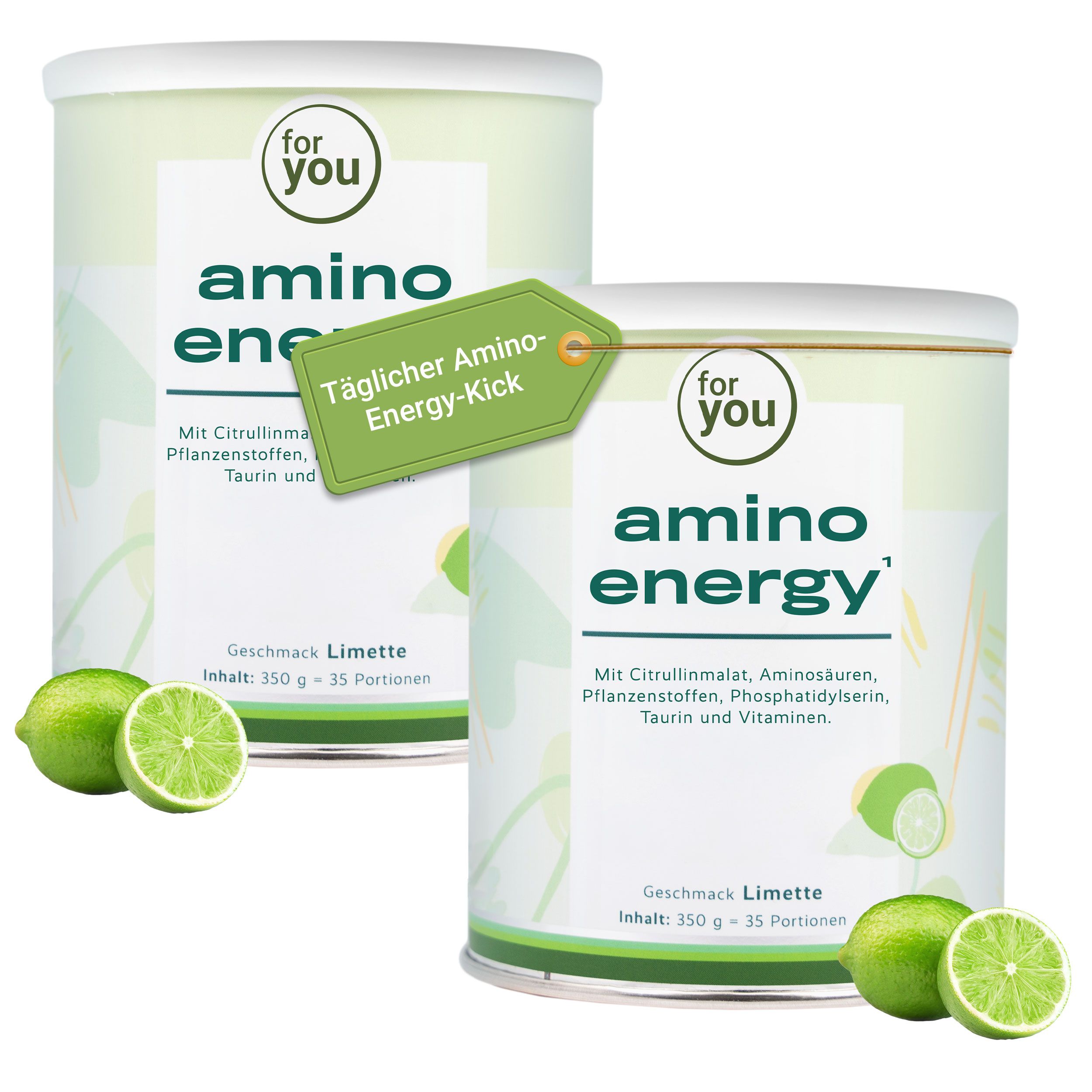 Zwei Dosen 'for you amino energy' mit Limetten und einem Anhänger.