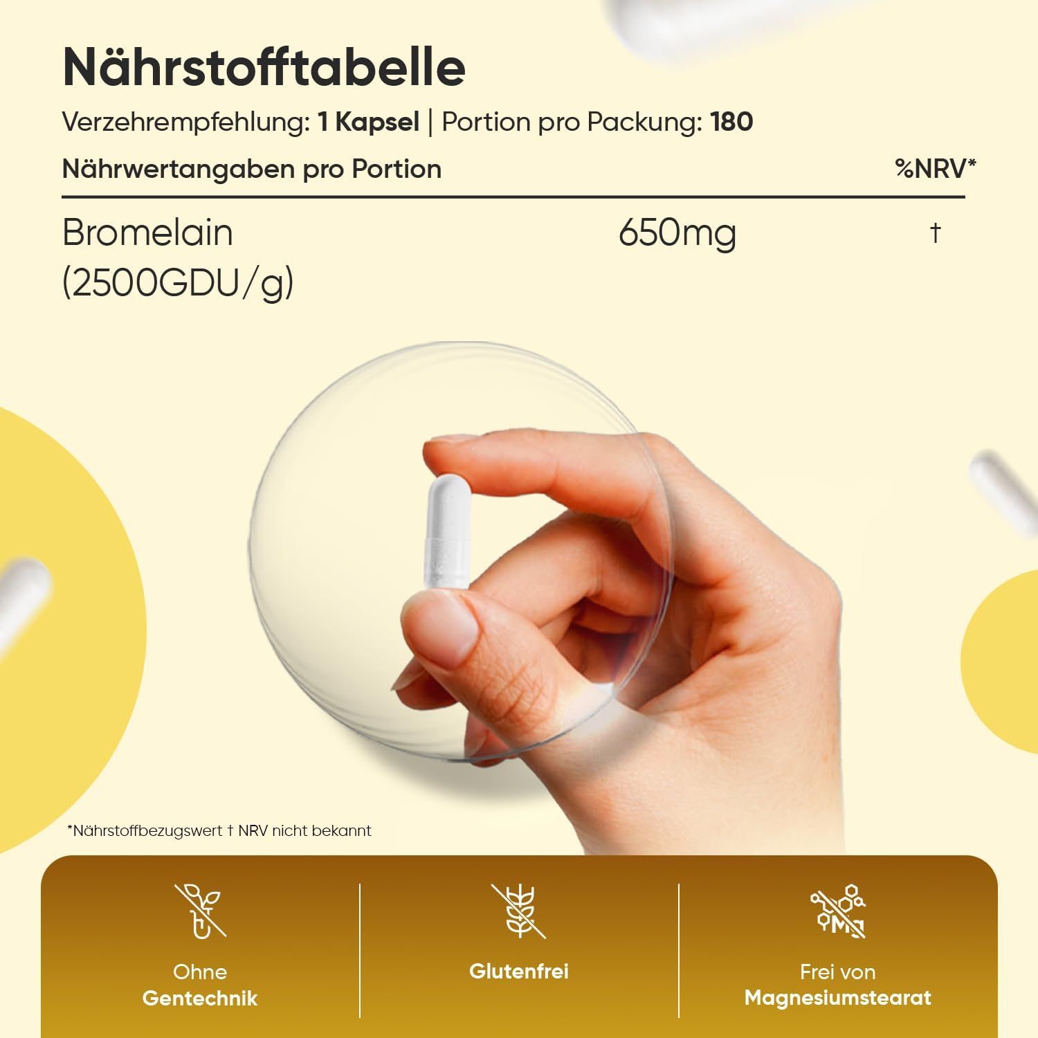 Nahaufnahme einer Hand, die eine weiße Kapsel hält. Text: Nährwerttabelle, Bromelain 650mg. Weitere Texte: Ohne Gentechnik, Glutenfrei, Frei von Magnesiumstearat.