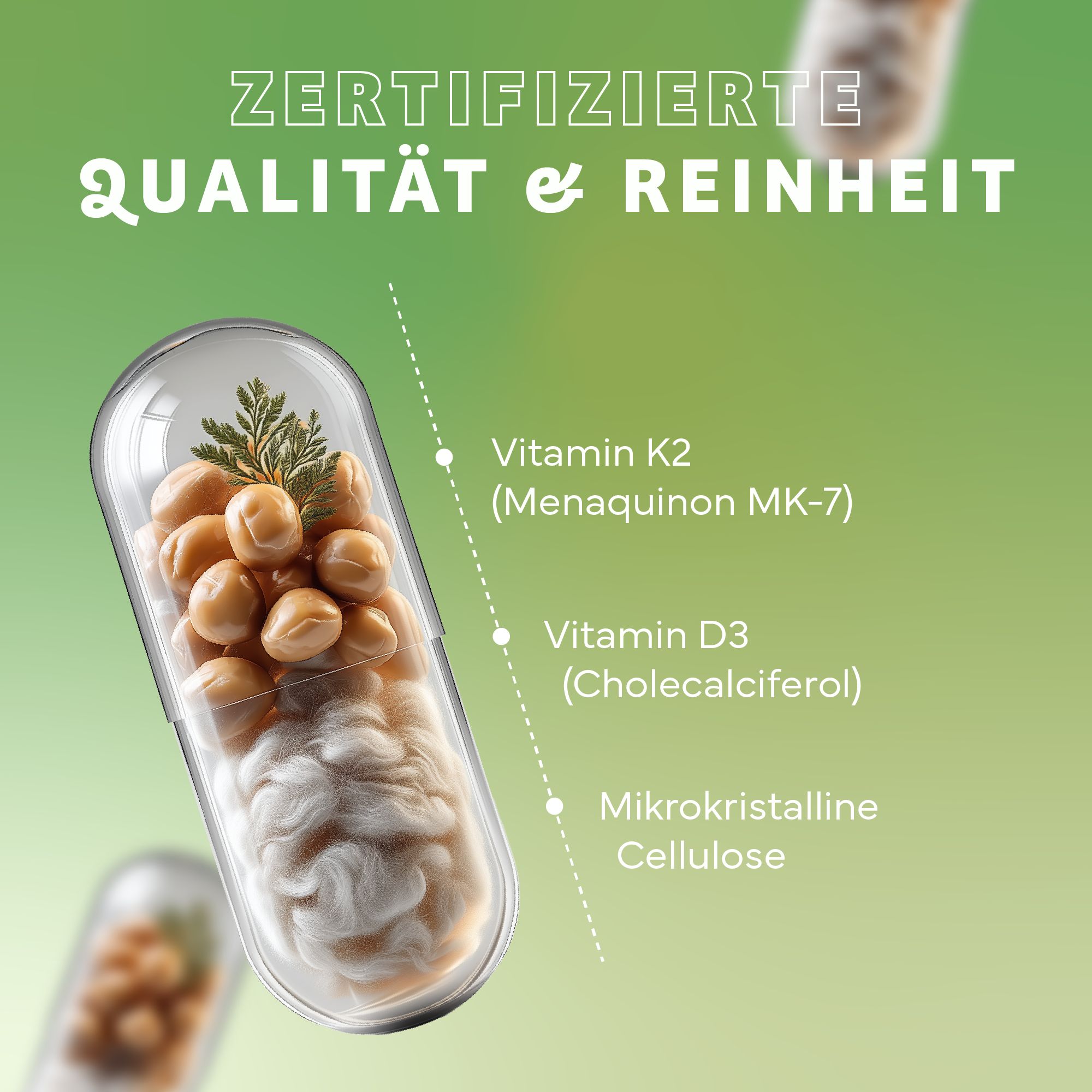 Kapsel mit Inhalt. Beschriftung: Vitamin K2, Vitamin D3, Mikrokristalline Cellulose. Text: Zertifizierte Qualität & Reinheit.