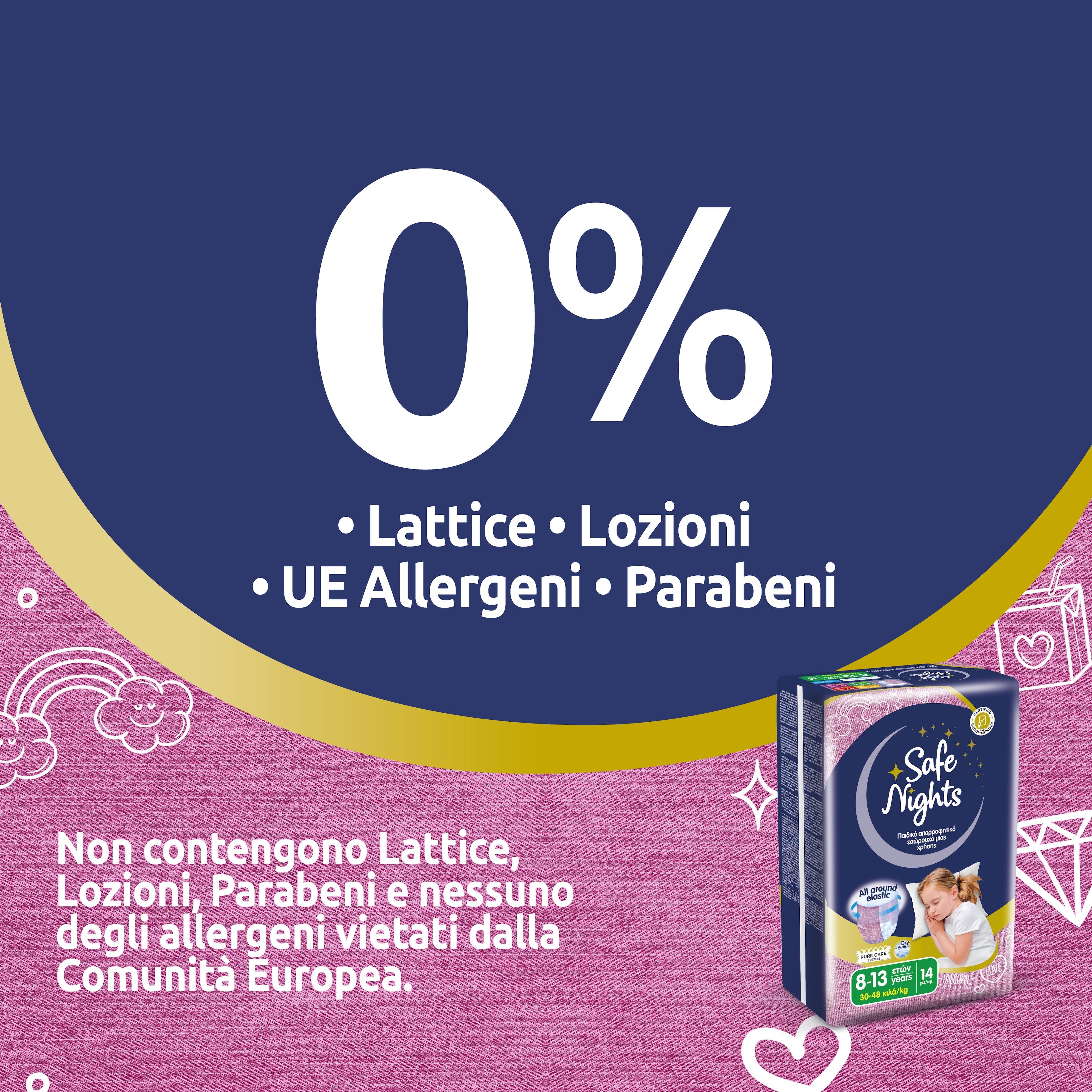 Babylino Safe Nights Girls Pants. 0% Latex, Lotionen, Parabene und Allergene. Verpackung mit Produktabbildung. Blau.