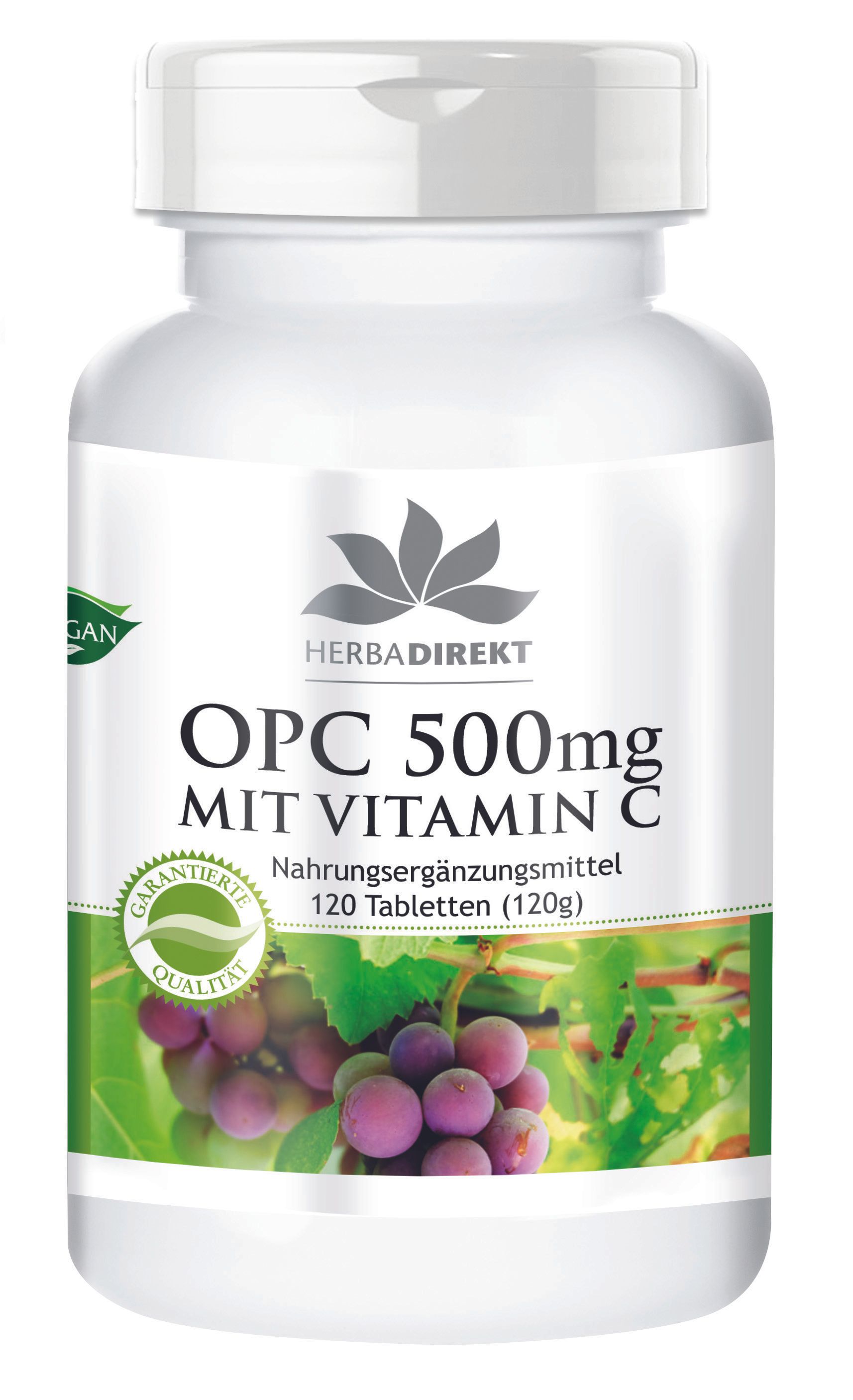 Weißes Pillenfläschchen mit grünem Etikett. Aufschrift: OPC 500mg mit Vitamin C. 120 Tabletten. Herbadirekt Logo. Vegan-Siegel.
