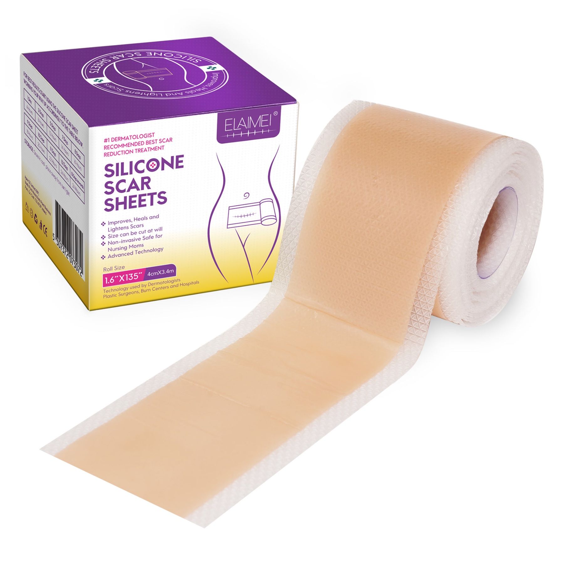 Rolle Silikonpflaster, beige, mit Verpackung. Verpackung mit Produktinformationen und Illustration.