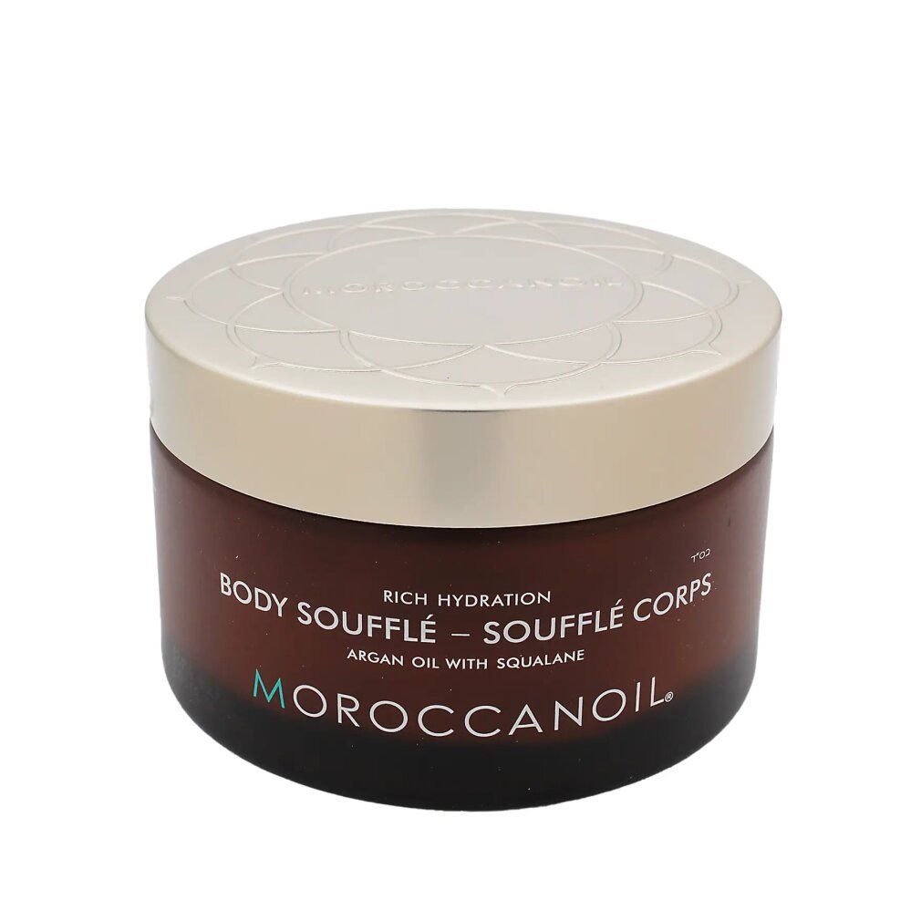 Braune Dose mit goldfarbenem Deckel. Aufschrift: Body Soufflé, Arganöl mit Squalan. Marke: Moroccanoil.