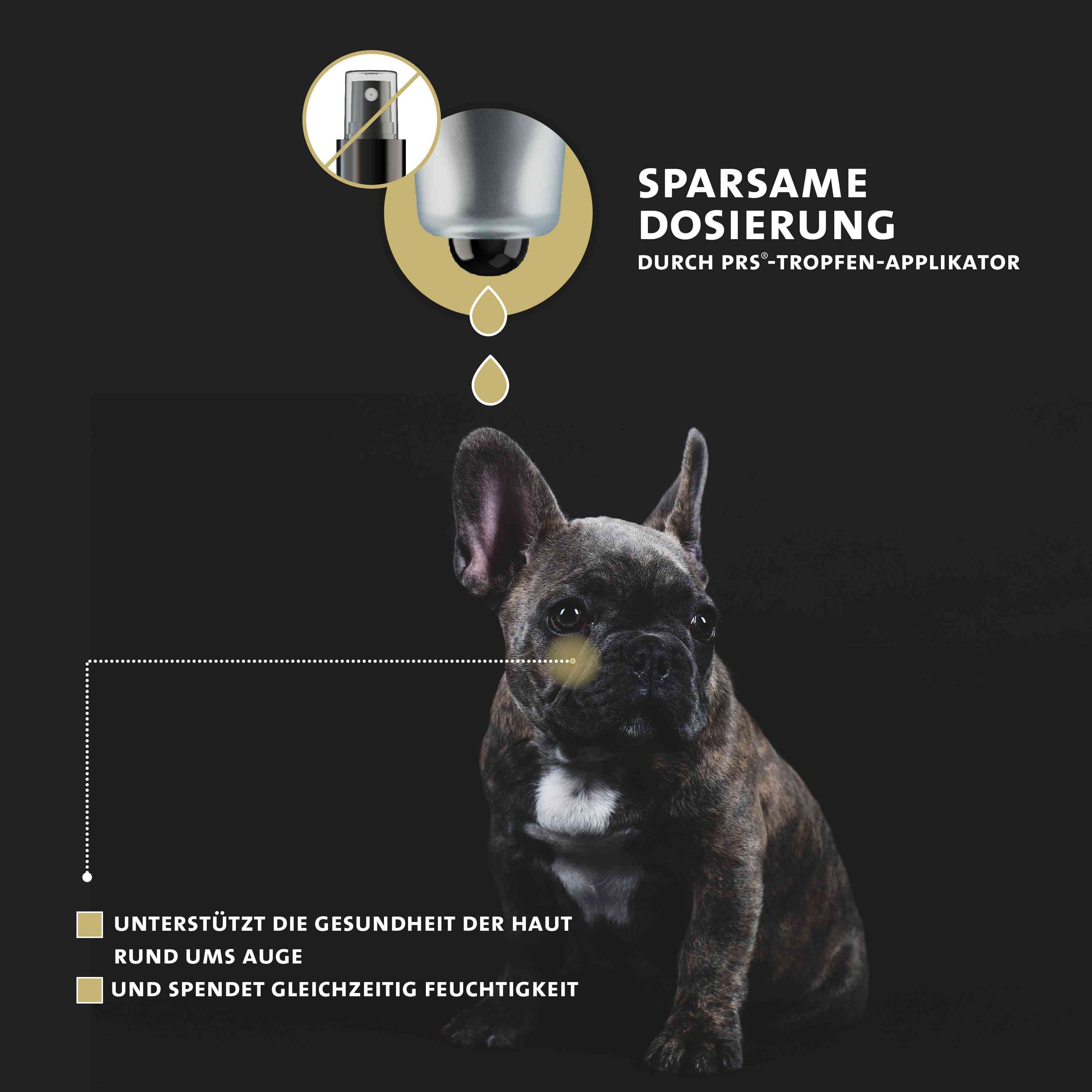 Hund mit Tropfen-Applikator. Text: Sparsame Dosierung. Unterstützt die Gesundheit der Haut.