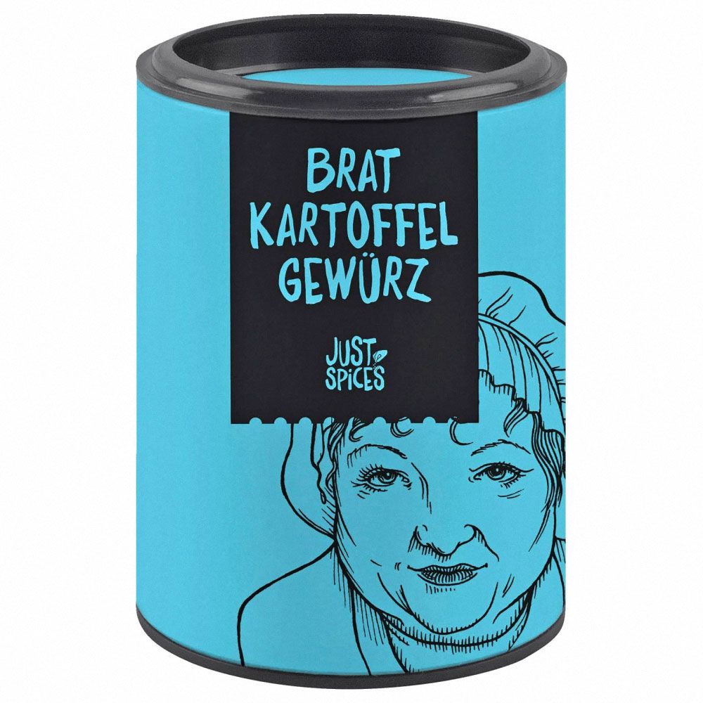 Türkis Dose mit schwarzem Etikett. Aufschrift: Bratkartoffel Gewürz. Illustration einer Frau. Marke: Just Spices.