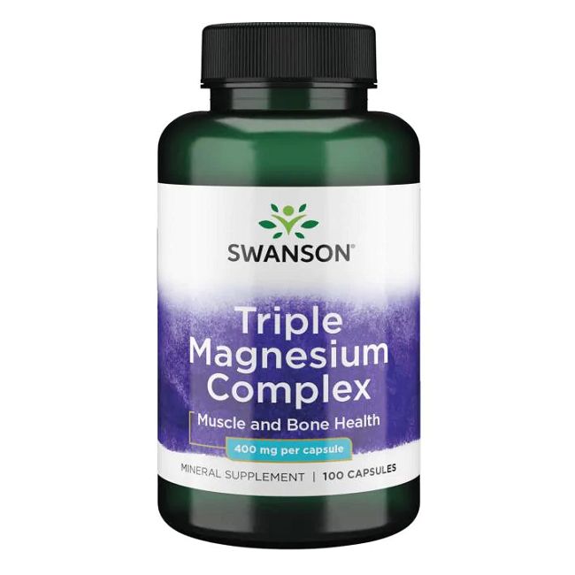 Grüne Flasche mit weißem Etikett. Aufschrift: SWANSON Triple Magnesium Complex, 400 mg pro Kapsel. 100 Kapseln.