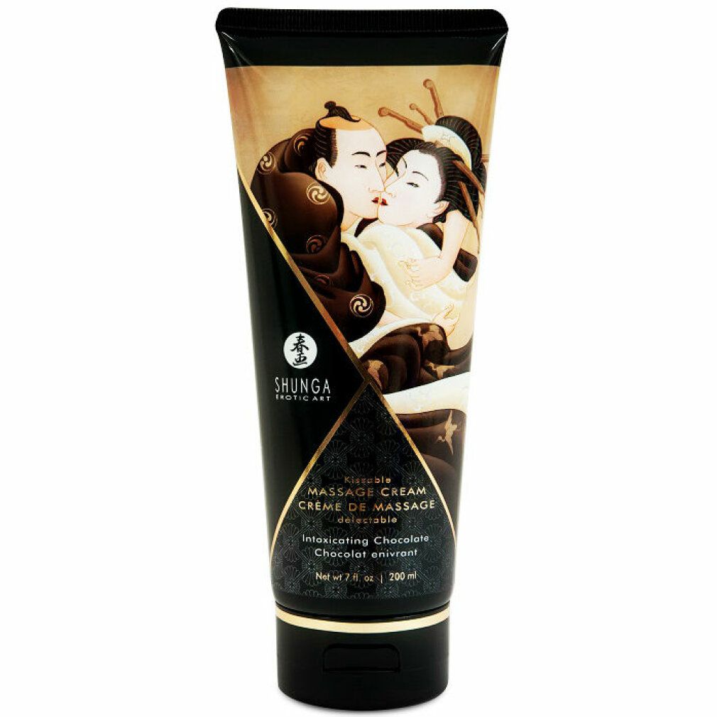 Massagecreme in schwarzer Tube mit Schokoladenmotiv und asiatischem Paar.