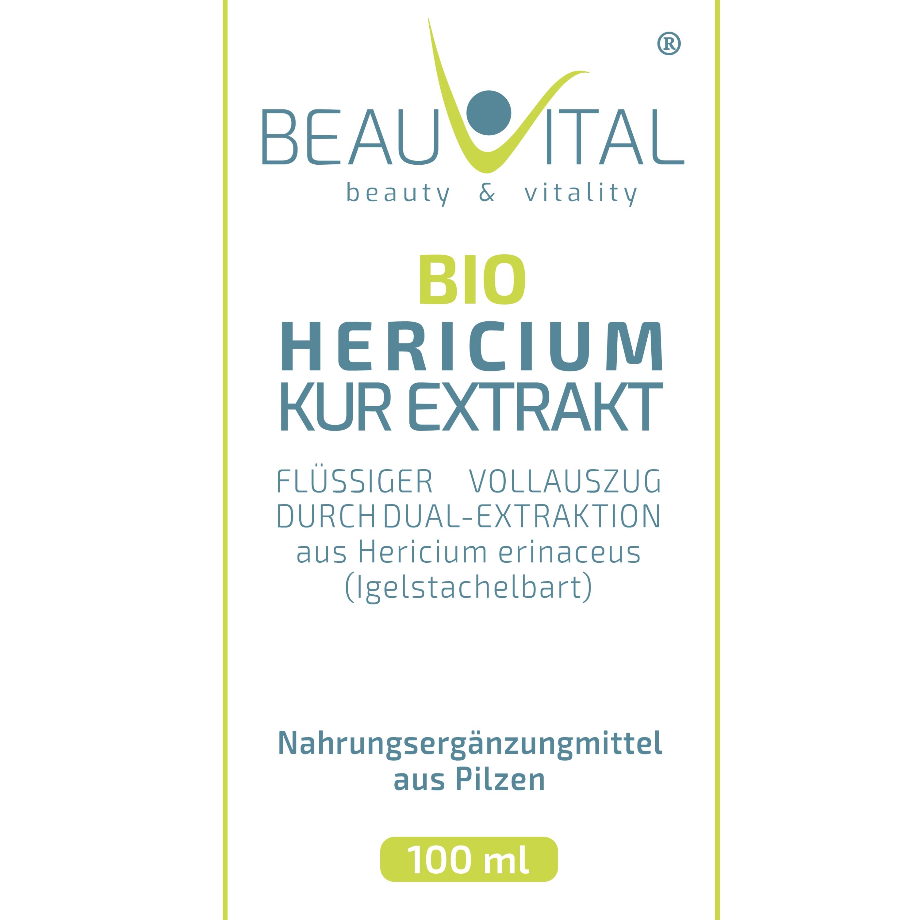 BEAUVITAL® Bio Hericium Kur Extrakt Flasche mit Etikett und Bio-Siegeln.