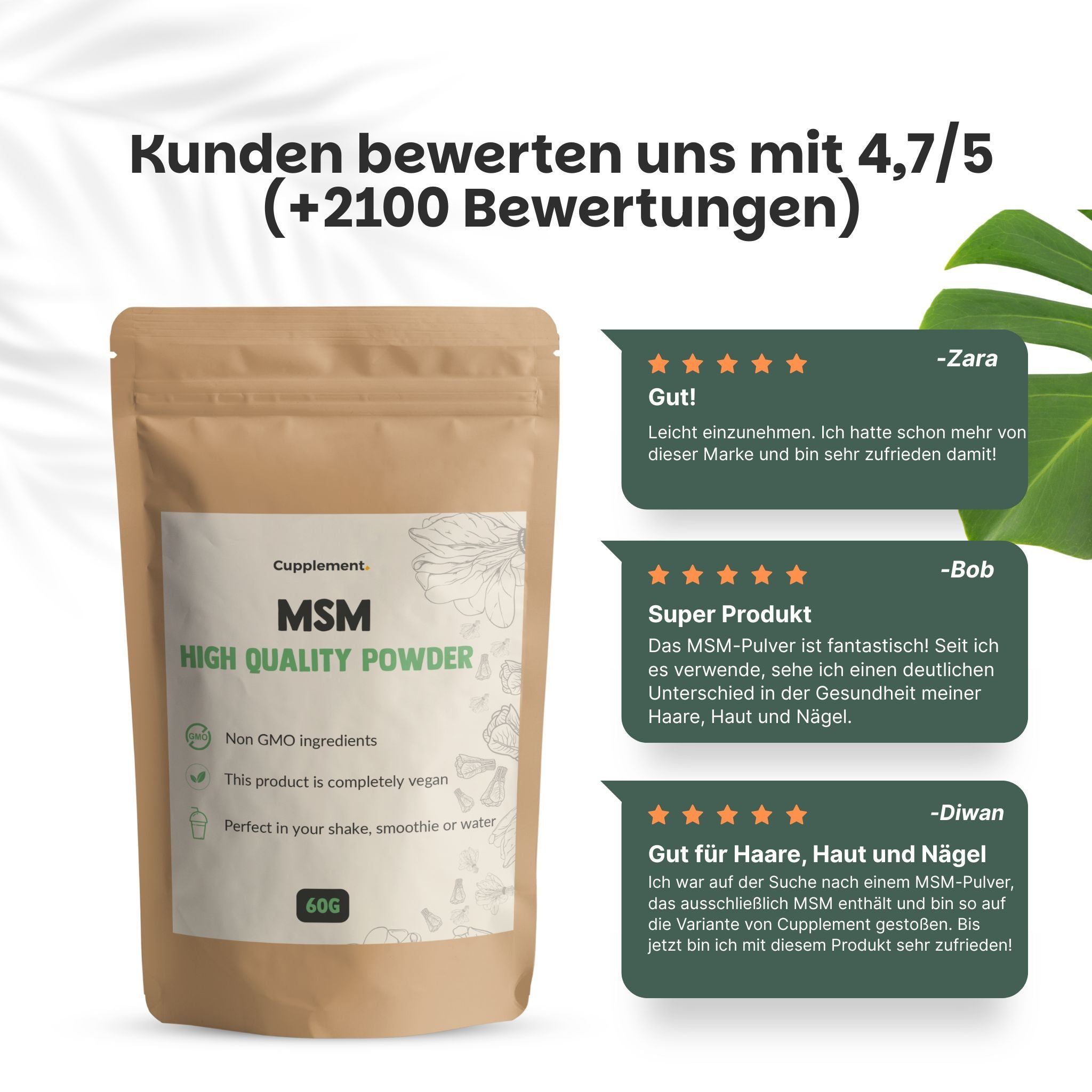 Beutel mit MSM-Pulver. Text: MSM, High Quality Powder. 60g. Vegan, ohne Gentechnik. Kundenbewertungen.