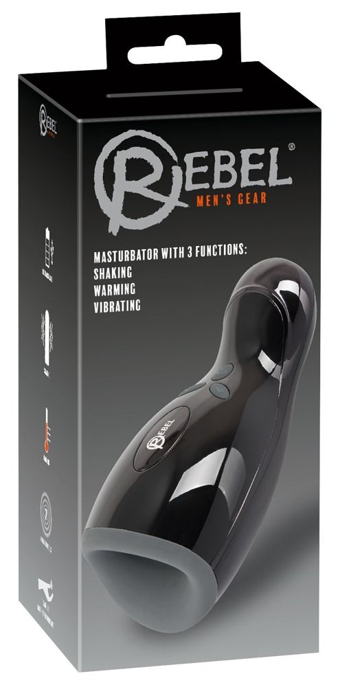 Verpackung. Schwarzes Gerät mit drei Funktionen. Marke Rebel. Text: Masturbator, Shaking, Warming, Vibrating.