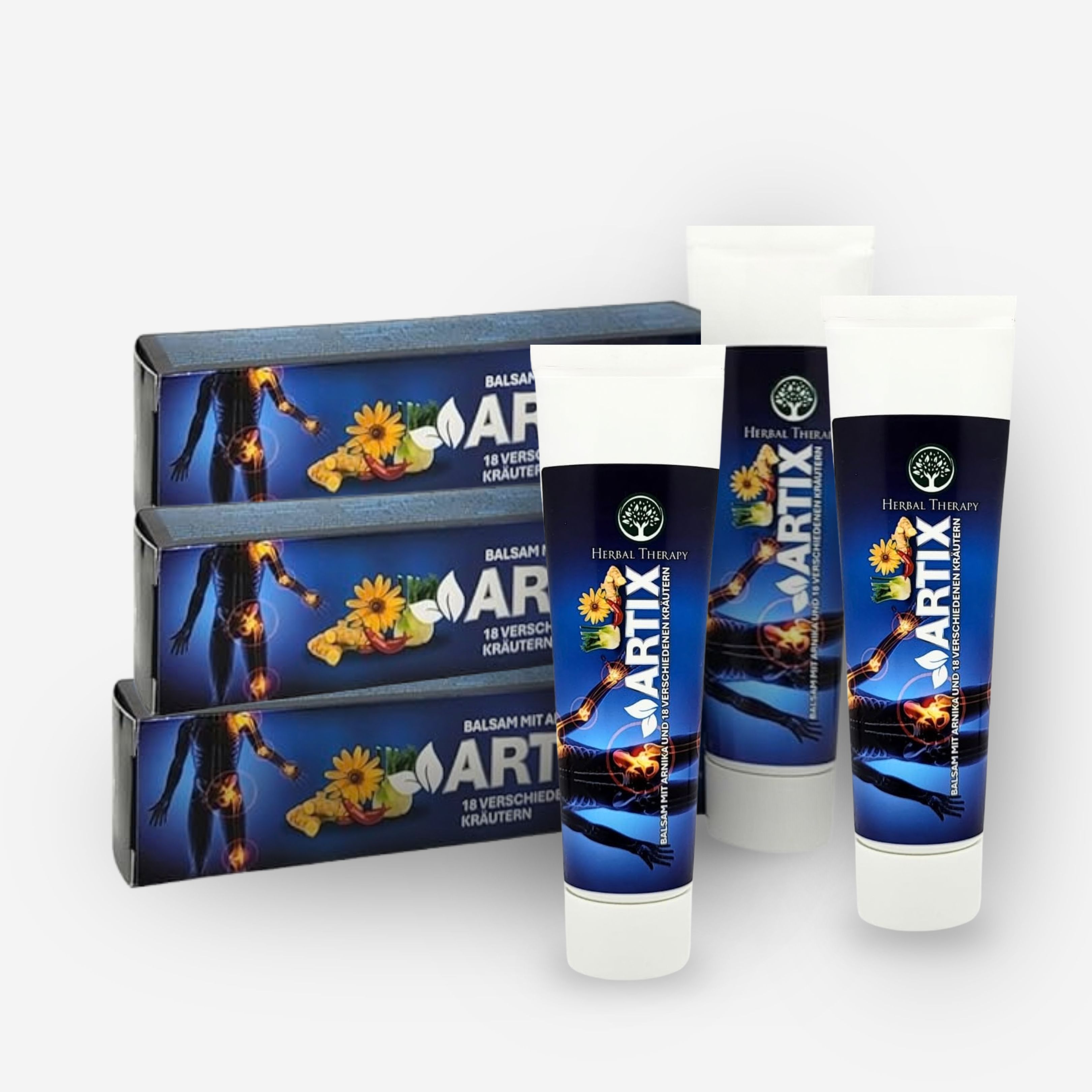 Drei Tuben und drei Kartons des Balsams Artix mit 18 Kräutern. Die Verpackung zeigt eine menschliche Figur mit schmerzenden Gelenken.