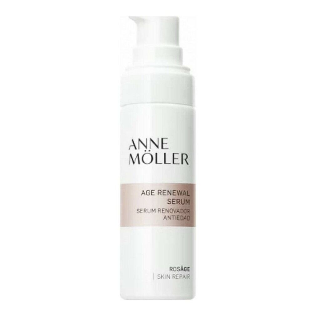 Weiße Flasche mit Pumpe. Aufschrift: Anne Möller, Age Renewal Serum, Rosâge Skin Repair.