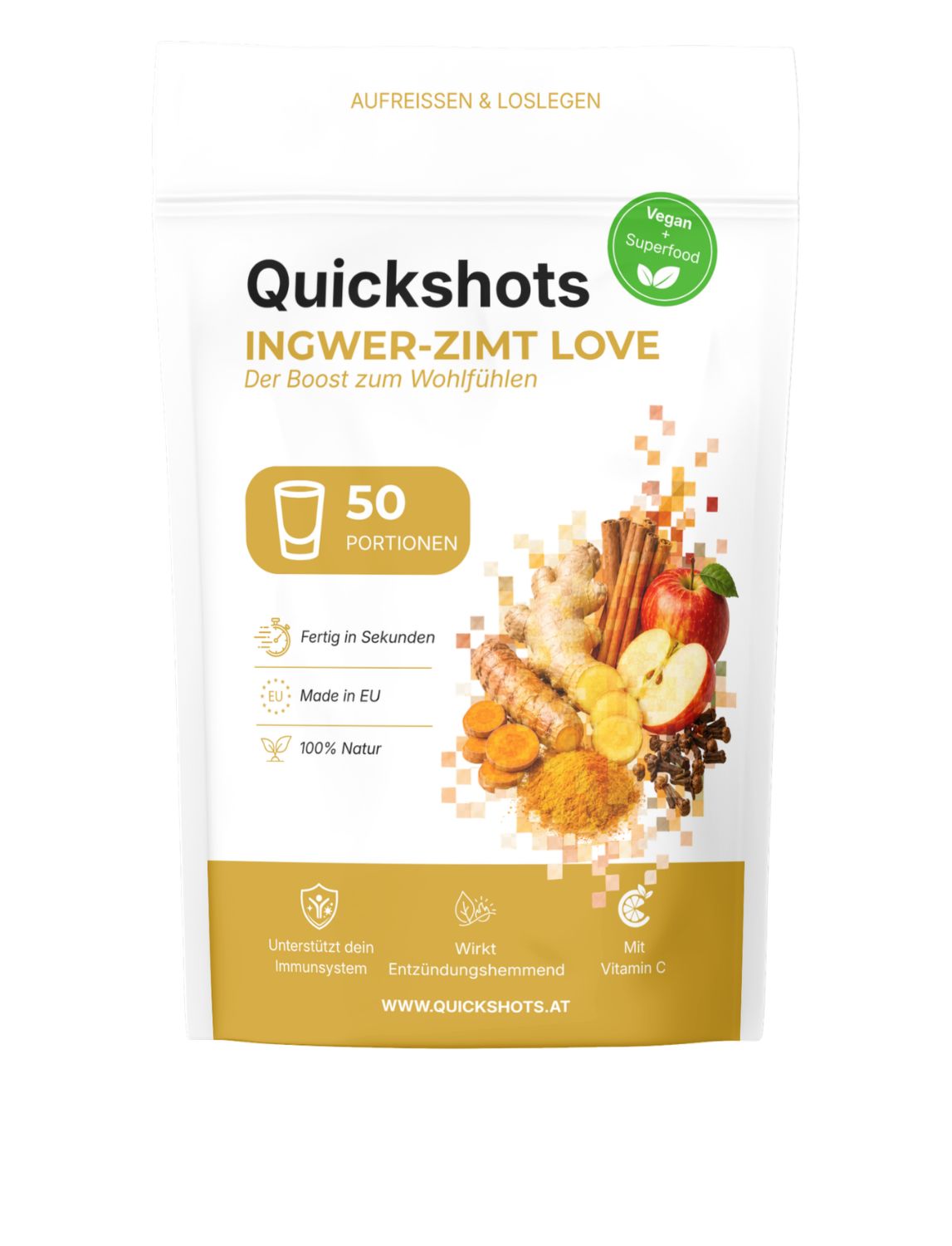 Quickshots Ingwer-Zimt Love Beutel mit Zutaten wie Ingwer, Zimt, Apfel und Gewürzen. Enthält 50 Portionen.