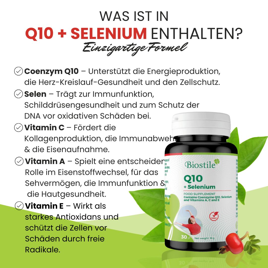 Biostile Q10 + Selen Dose mit Liste der Inhaltsstoffe wie Coenzym Q10, Selen und Vitamine A, C, E.
