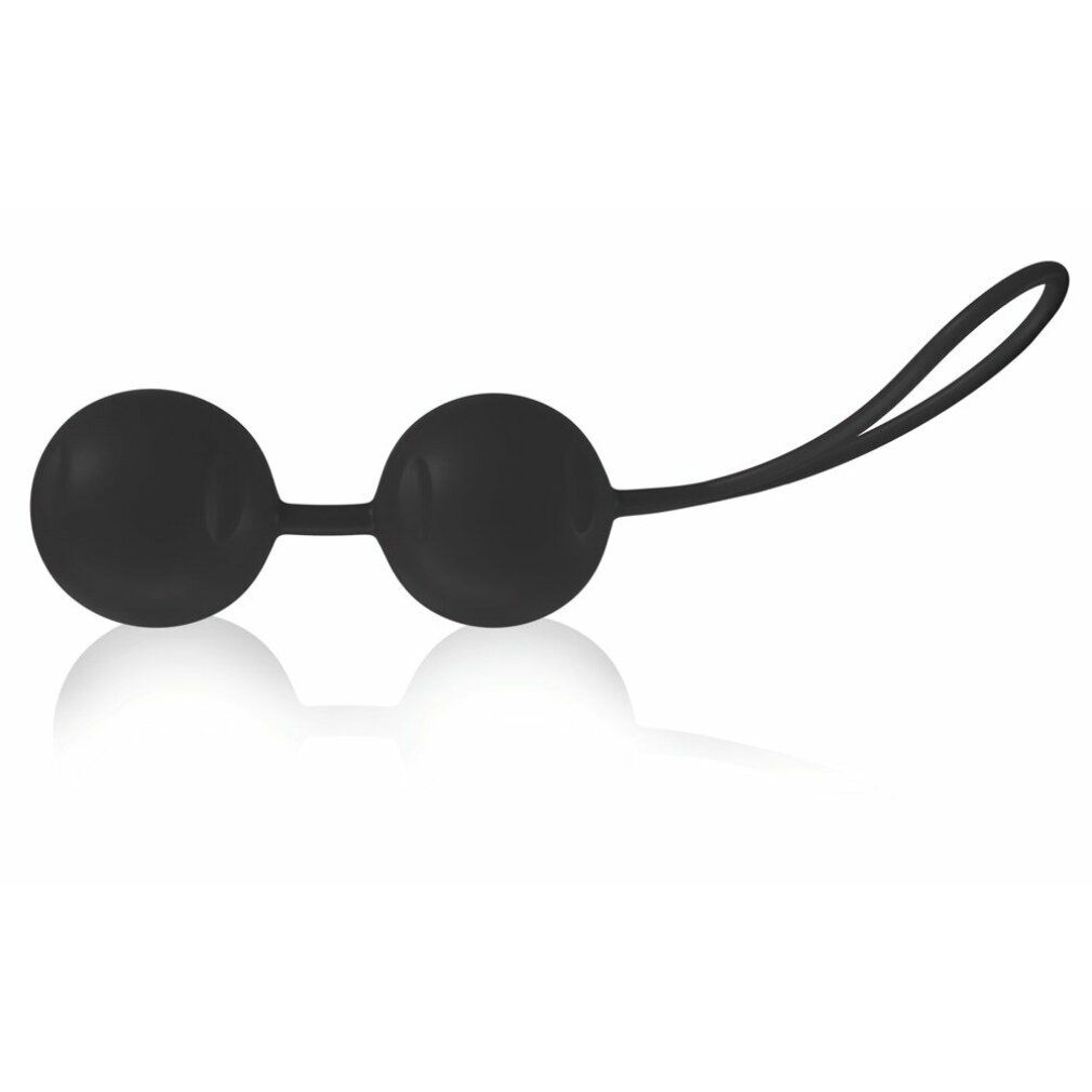 Zwei schwarze Kugeln mit Schlaufe. Verbunden durch einen kurzen Steg. Auf weißem Hintergrund mit Spiegelung.