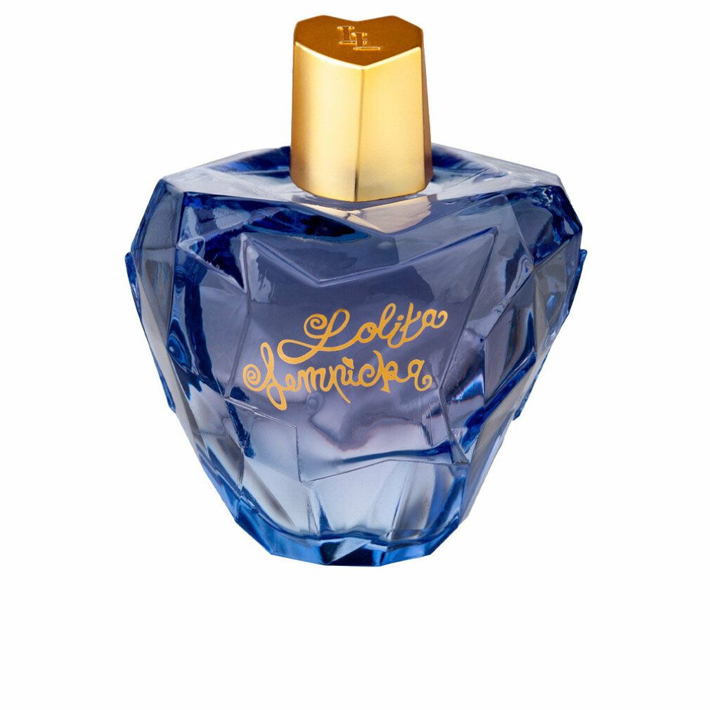 Blaues Parfümflakon mit goldfarbenem Deckel. Aufschrift "Lolita Lempicka" in Gold. Facettiertes Design.