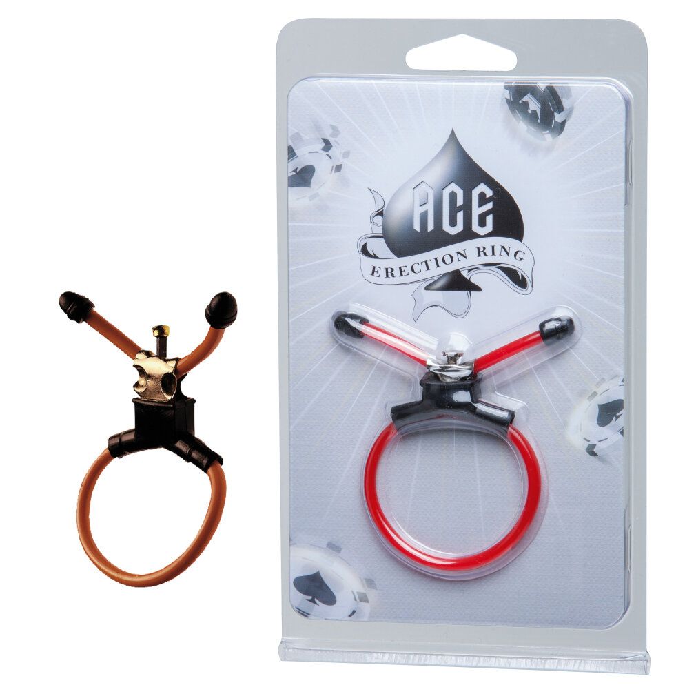 Ein Erektionsring aus Metall und Gummi in der Verpackung. Ein zweiter Ring ist separat abgebildet.