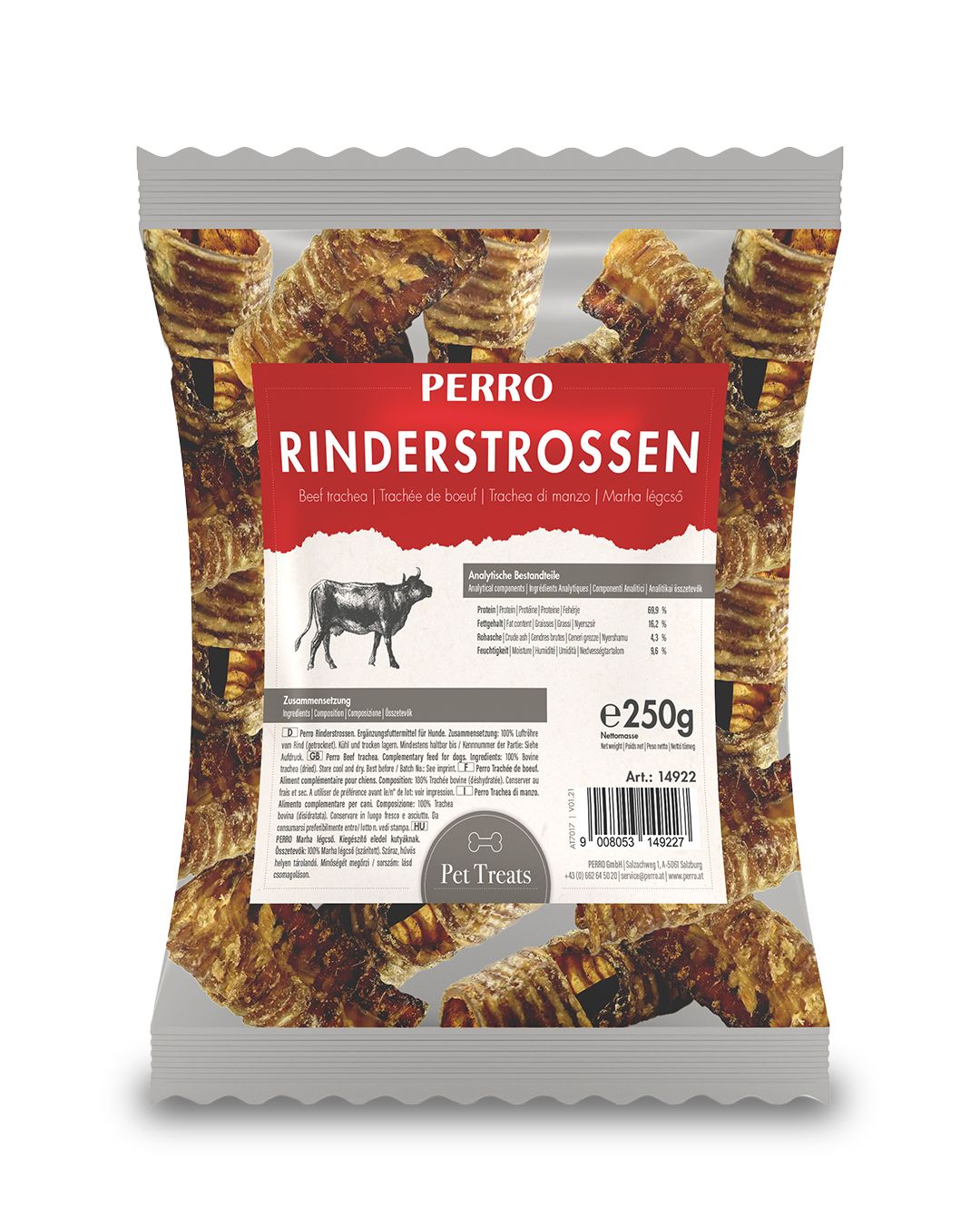 Verpackung mit PERRO Rinderstrossen. Sichtbar sind getrocknete Rinderstrossen. Auf der Verpackung sind Produktinformationen und ein Gewicht von 250g angegeben.