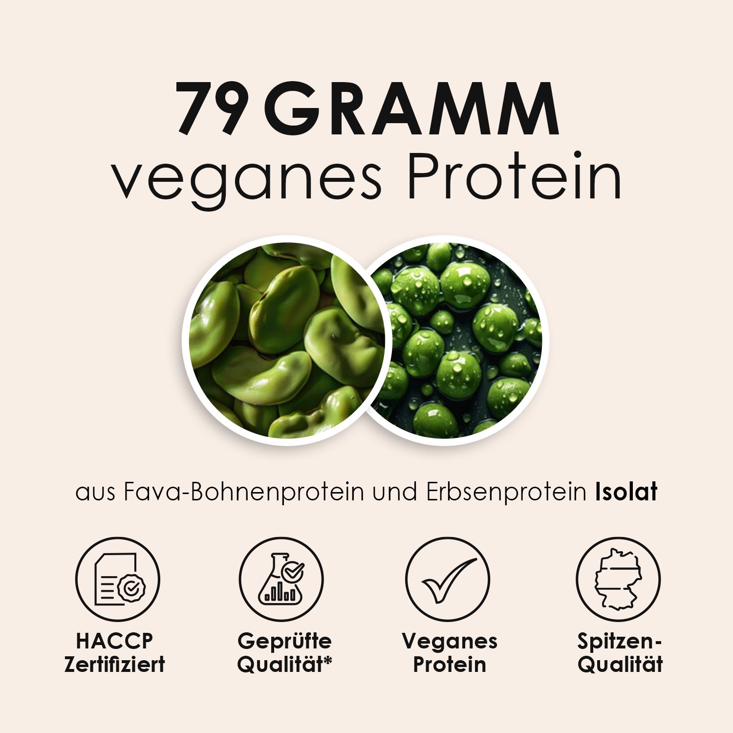 Abbildung von Fava-Bohnen und Erbsen. Text: "79 Gramm veganes Protein". Logos: HACCP-Zertifiziert, Geprüfte Qualität, Veganes Protein, Spitzen-Qualität.