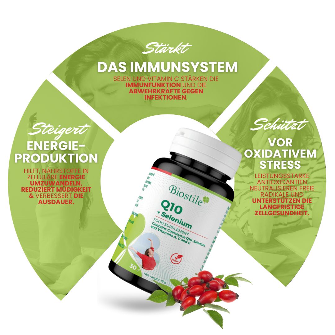 Biostile Q10 + Selen Dose im Zentrum eines Diagramms über Immunsystem, Energie und antioxidativen Schutz.