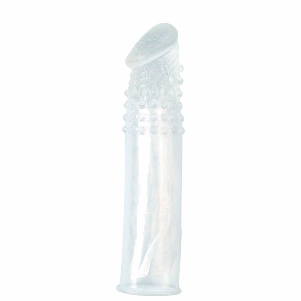 Silikon-Penisverlängerung. Transparent, mit Noppen und geriffelter Spitze. Zylindrische Form.