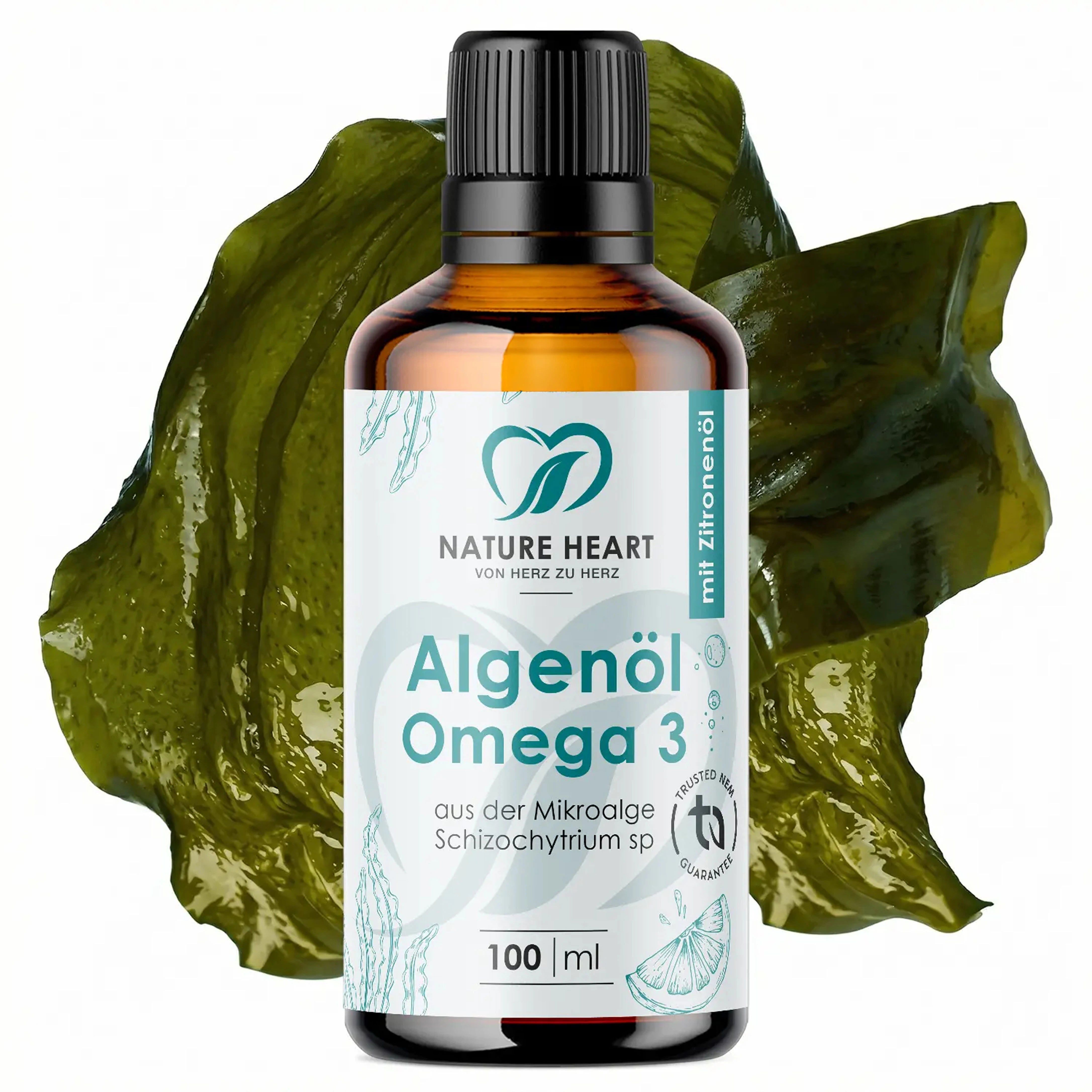Flasche Algenöl Omega 3 mit großem grünen Algenblatt im Hintergrund.