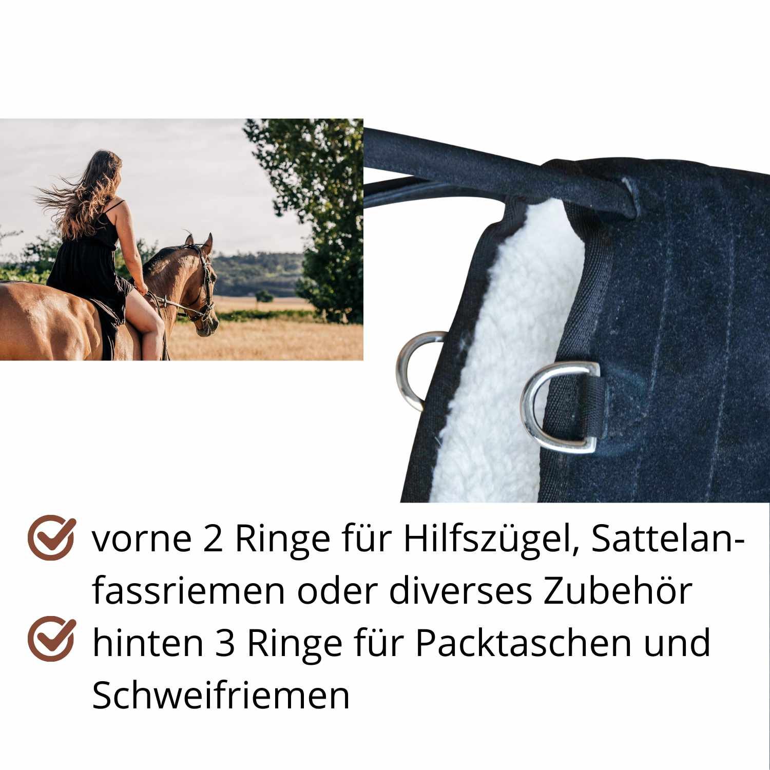 Reitpad mit Ringen und Text. Text: vorne 2 Ringe, hinten 3 Ringe. Frau reitet auf Pferd.
